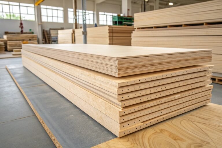 Stacked plywood sheets showing cross-layered veneers and different thicknesses, with visible poplar and birch cores