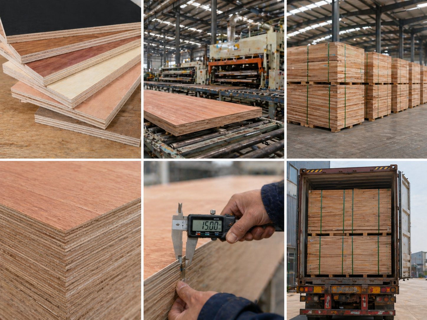 plywood manufacturing process including production line quality inspection and bulk shipment in factory