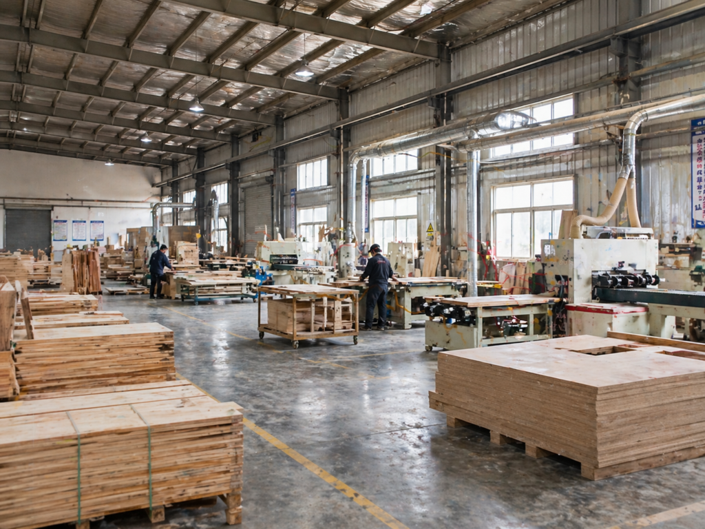 wood products manufacturer factory in China producing plywood, MDF, and wood flooring