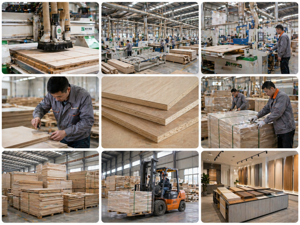 Wood manufacturing facility with advanced machinery and workers processing custom wooden products